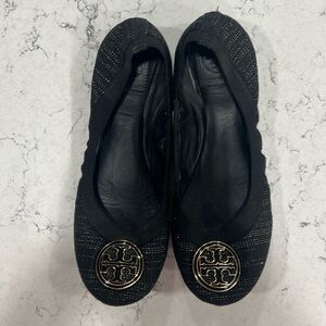 TORY BURCH Caroline Black Flats With Metallic Thread Detail